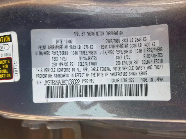 JM3TB28A380138022 - 2008 MAZDA CX-9 GRAY photo 10