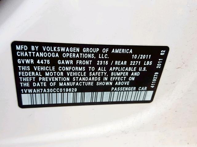 1VWAH7A30CC019629 - 2012 VOLKSWAGEN PASSAT S WHITE photo 10