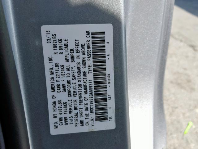 1HGCT1B39GA009271 - 2016 HONDA ACCORD LX- SILVER photo 10