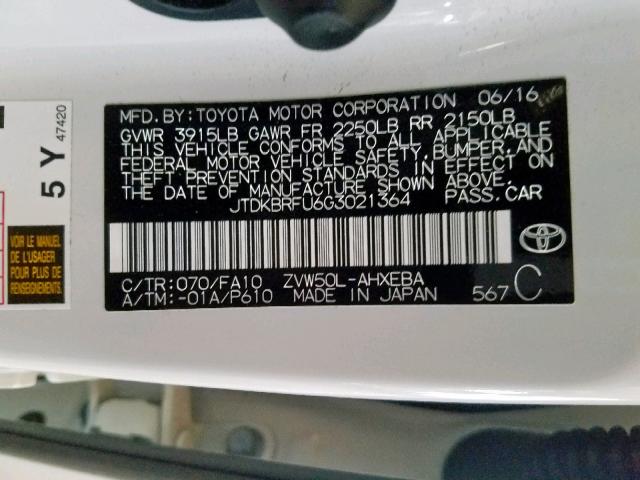 JTDKBRFU6G3021364 - 2016 TOYOTA PRIUS WHITE photo 10