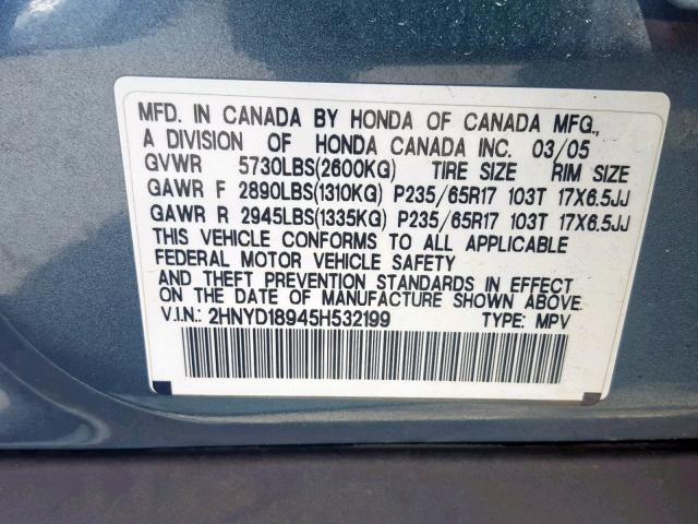 2HNYD18945H532199 - 2005 ACURA MDX TOURIN BLUE photo 10