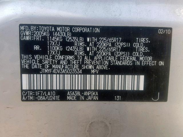 JTMYF4DV3A5023534 - 2010 TOYOTA RAV4 LIMIT SILVER photo 10