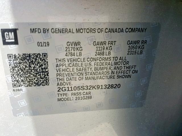 2G1105S32K9132820 - 2019 CHEVROLET IMPALA PRE SILVER photo 10