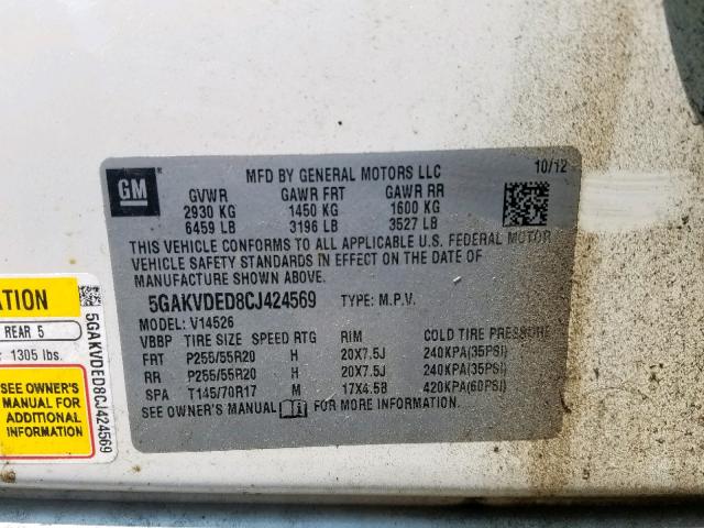 5GAKVDED8CJ424569 - 2012 BUICK ENCLAVE CREAM photo 10