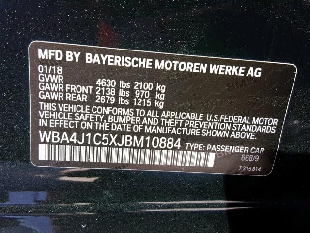 WBA4J1C5XJBM10884 - 2018 BMW 430I GRAN BLACK photo 10