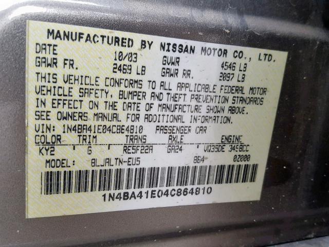 1N4BA41E04C864810 - 2004 NISSAN MAXIMA SE GRAY photo 10