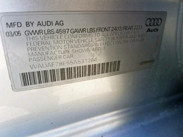 WAUAF78E55A531284 - 2005 AUDI A4 2.0T SILVER photo 10