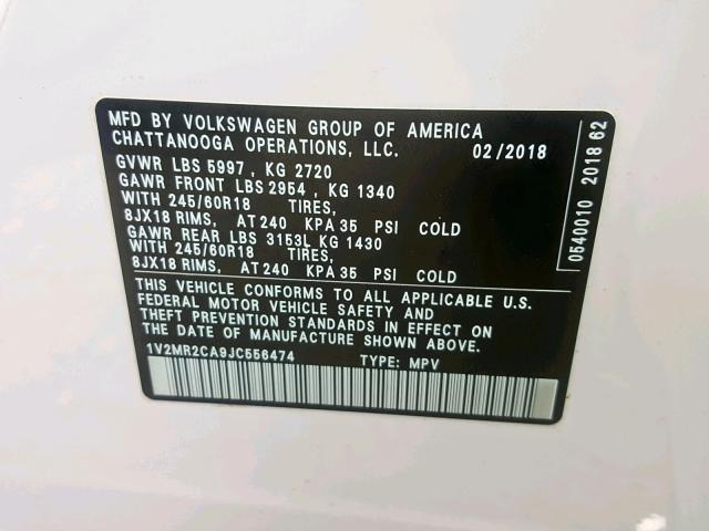 1V2MR2CA9JC556474 - 2018 VOLKSWAGEN ATLAS SEL WHITE photo 10