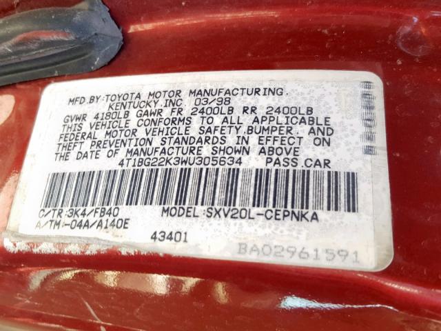 4T1BG22K3WU305634 - 1998 TOYOTA CAMRY CE RED photo 10