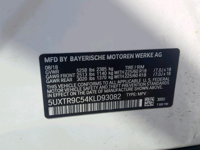 5UXTR9C54KLD93082 - 2019 BMW X3 XDRIVE3 WHITE photo 10