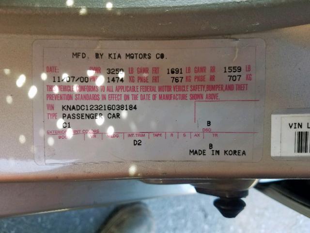 KNADC123216038184 - 2001 KIA RIO SILVER photo 10