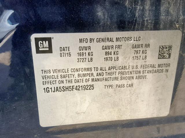 1G1JA5SH5F4219225 - 2015 CHEVROLET SONIC LS BLUE photo 10