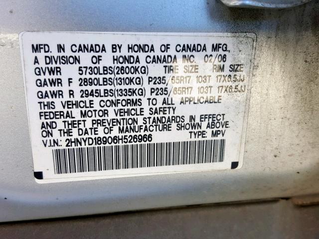 2HNYD18906H526966 - 2006 ACURA MDX TOURIN GRAY photo 10