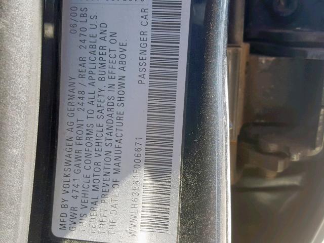 WVWLH63B61E006671 - 2001 VOLKSWAGEN PASSAT GLX 蓝色 照片 10