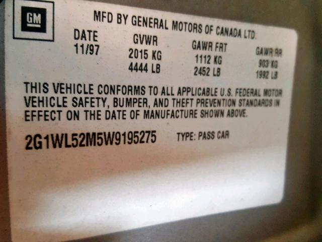 2G1WL52M5W9195275 - 1998 CHEVROLET LUMINA BAS 银色 照片 10