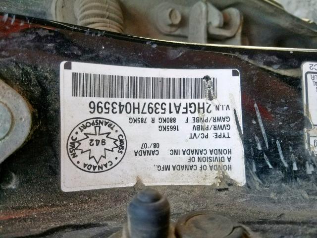 2HGFA15397H043596 - 2007 HONDA CIVIC DX BLACK photo 10