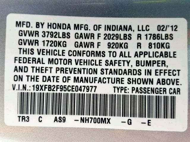 19XFB2F95CE047977 - 2012 HONDA CIVIC EXL 银色 照片 10