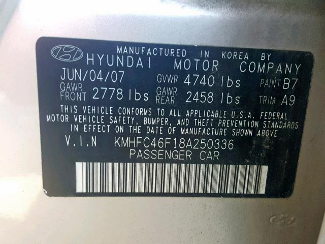 KMHFC46F18A250336 - 2008 HYUNDAI AZERA SE BEIGE photo 10