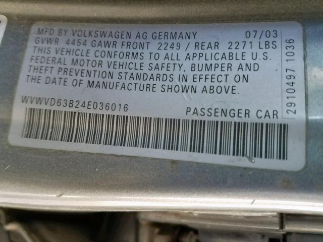 WVWVD63B24E036016 - 2004 VOLKSWAGEN PASSAT GLS SILVER photo 10