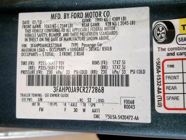 3FAHP0JA9CR272868 - 2012 FORD FUSION SEL BLUE photo 10