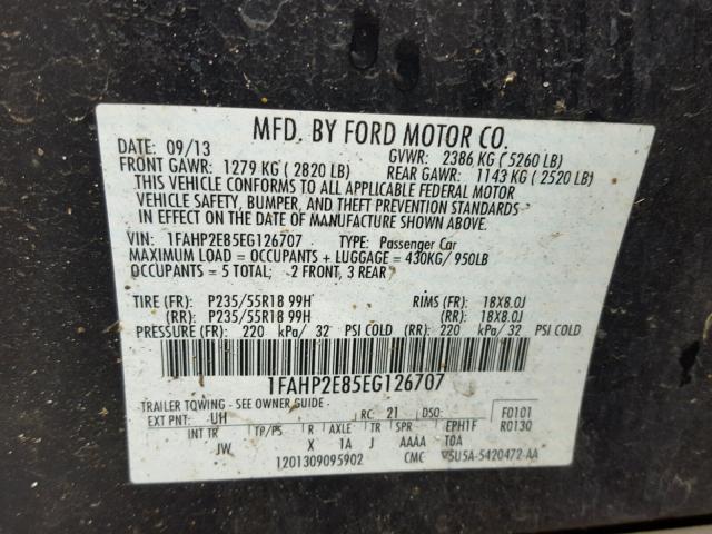 1FAHP2E85EG126707 - 2014 FORD TAURUS SEL BLACK photo 10