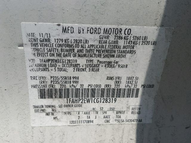 1FAHP2EW1CG128319 - 2012 FORD TAURUS SEL WHITE photo 10