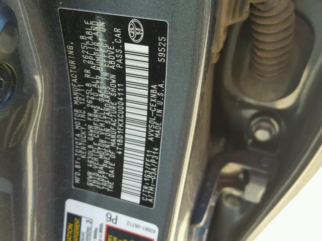 4T1BD1FKXCU004111 - 2012 TOYOTA CAMRY HYBR GRAY photo 10