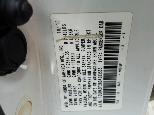 19UUA8F28BA003555 - 2011 ACURA TL WHITE photo 10