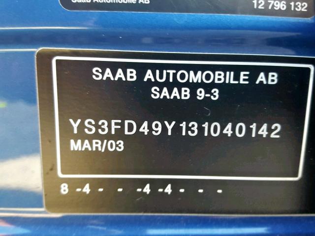 YS3FD49Y131040142 - 2003 SAAB 9-3 ARC BLUE photo 10