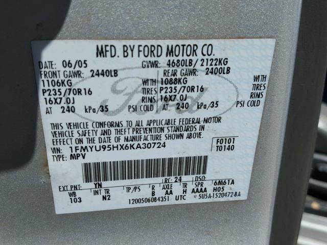 1FMYU95HX6KA30724 - 2006 FORD ESCAPE HEV SILVER photo 10