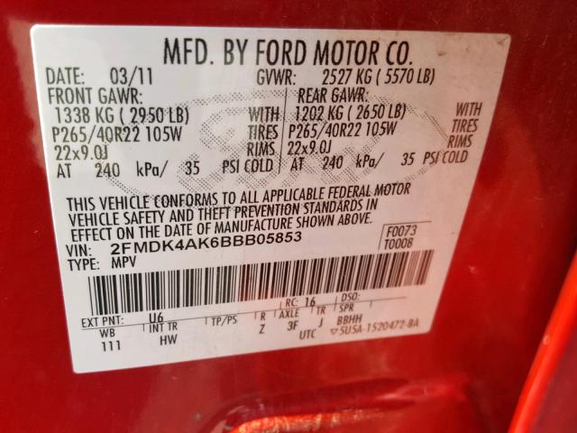 2FMDK4AK6BBB05853 - 2011 FORD EDGE SPORT RED photo 10