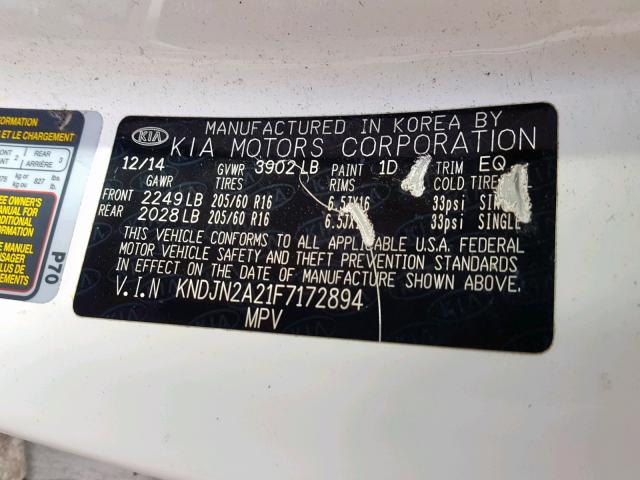 KNDJN2A21F7172894 - 2015 KIA SOUL WHITE photo 10