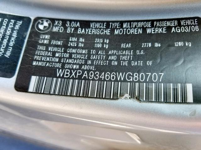 WBXPA93466WG80707 - 2006 BMW X3 3.0I SILVER photo 10