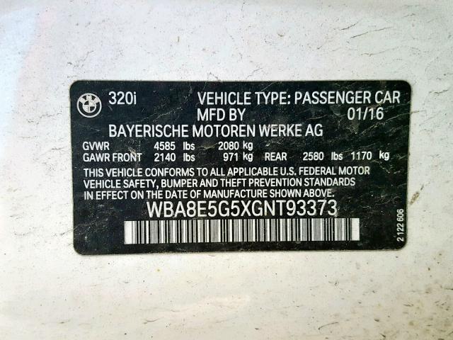 WBA8E5G5XGNT93373 - 2016 BMW 320 XI WHITE photo 10