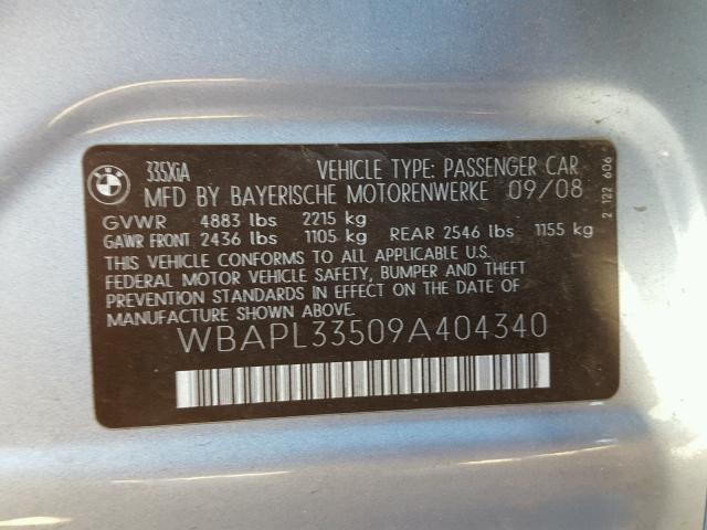 WBAPL33509A404340 - 2009 BMW 335 XI BLUE photo 10