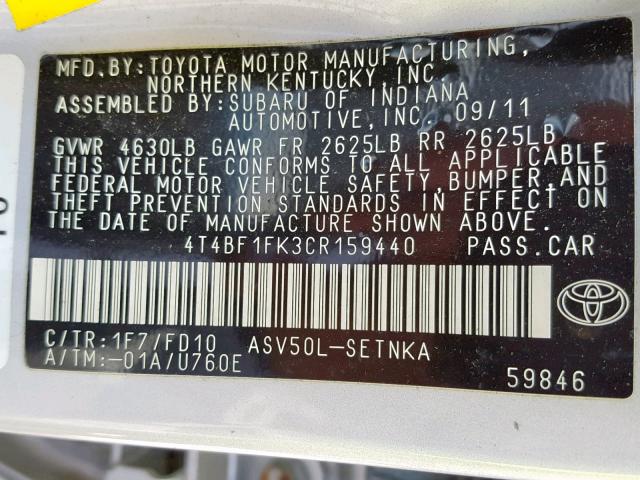 4T4BF1FK3CR159440 - 2012 TOYOTA CAMRY BASE SILVER photo 10