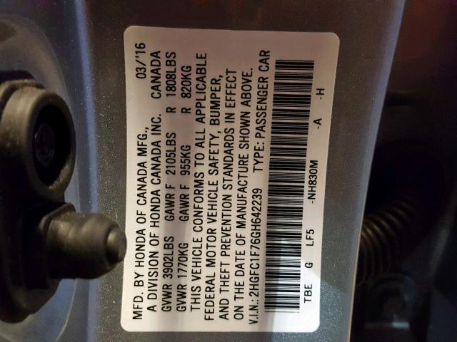 2HGFC1F76GH642239 - 2016 HONDA CIVIC EXL 银色 照片 10