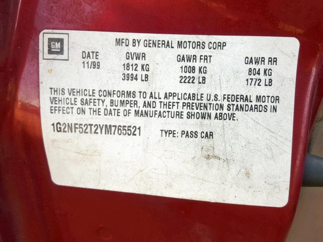 1G2NF52T2YM765521 - 2000 PONTIAC GRAND AM S MAROON photo 10