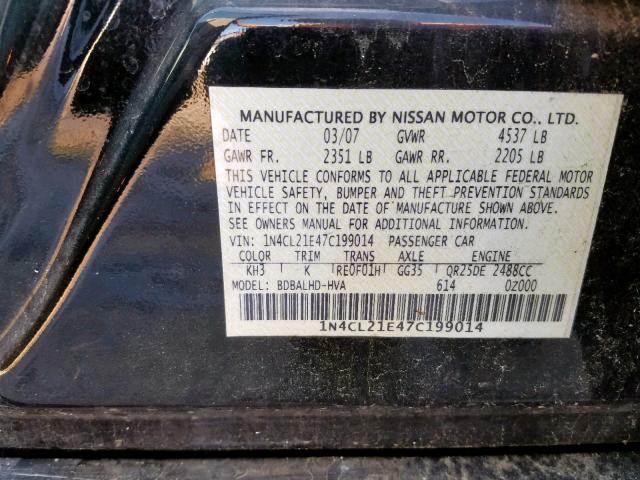 1N4CL21E47C199014 - 2007 NISSAN ALTIMA HYB BLACK photo 10