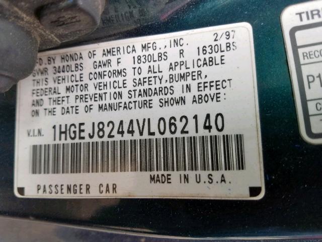 1HGEJ8244VL062140 - 1997 HONDA CIVIC EX GRAY photo 10