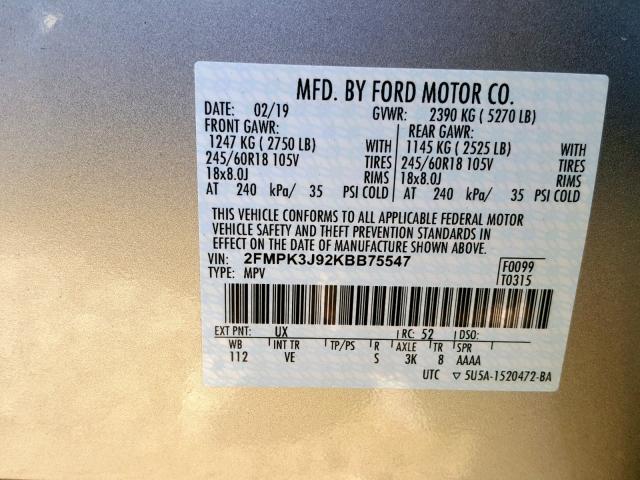 2FMPK3J92KBB75547 - 2019 FORD EDGE SEL SILVER photo 10