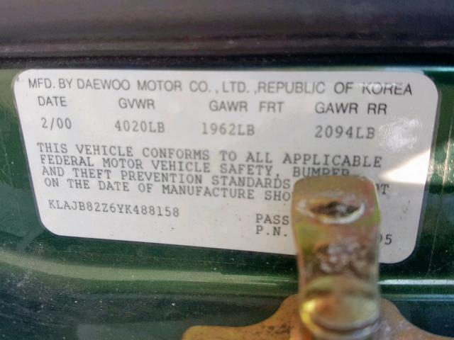 KLAJB82Z6YK488158 - 2000 DAEWOO NUBIRA CDX GREEN photo 10