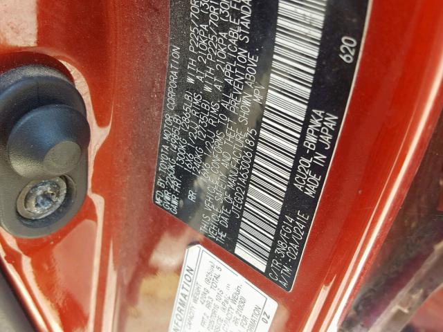 JTEGD21A630061875 - 2003 TOYOTA HIGHLANDER RED photo 10