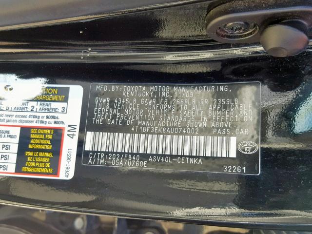 4T1BF3EK8AU074002 - 2010 TOYOTA CAMRY BASE BLACK photo 10