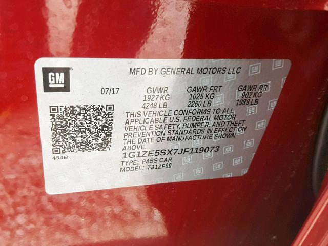 1G1ZE5SX7JF119073 - 2018 CHEVROLET MALIBU PRE RED photo 10