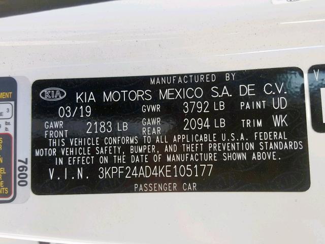 3KPF24AD4KE105177 - 2019 KIA FORTE FE WHITE photo 10