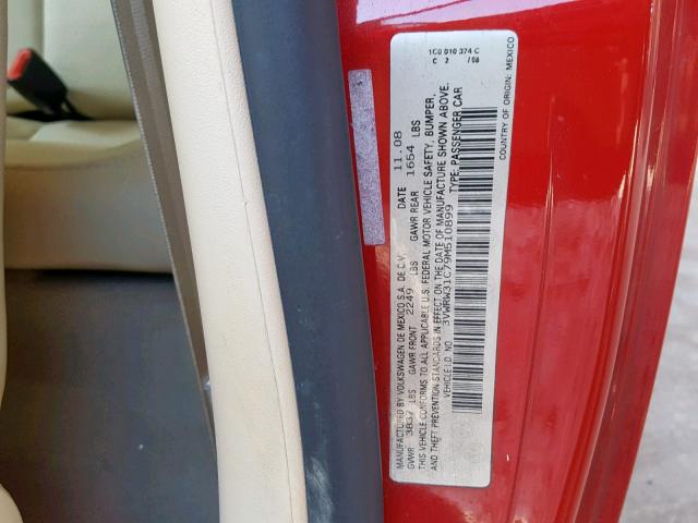 3VWRW31C79M510899 - 2009 VOLKSWAGEN NEW BEETLE წითელი ფოტო 10