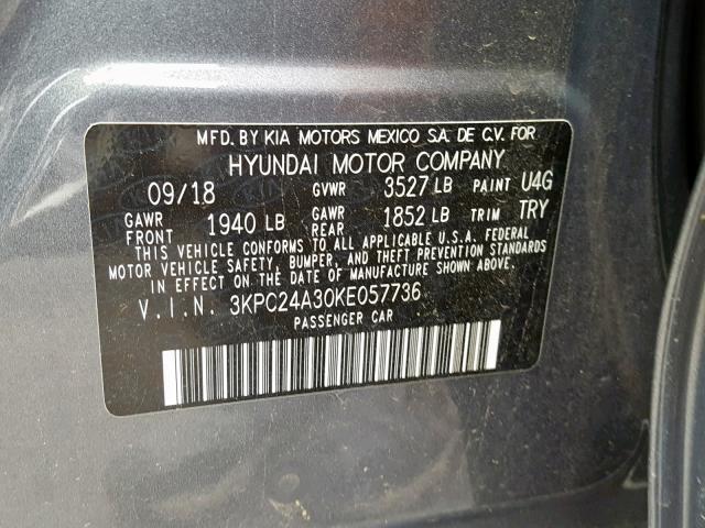 3KPC24A30KE057736 - 2019 HYUNDAI ACCENT SE GRAY photo 10