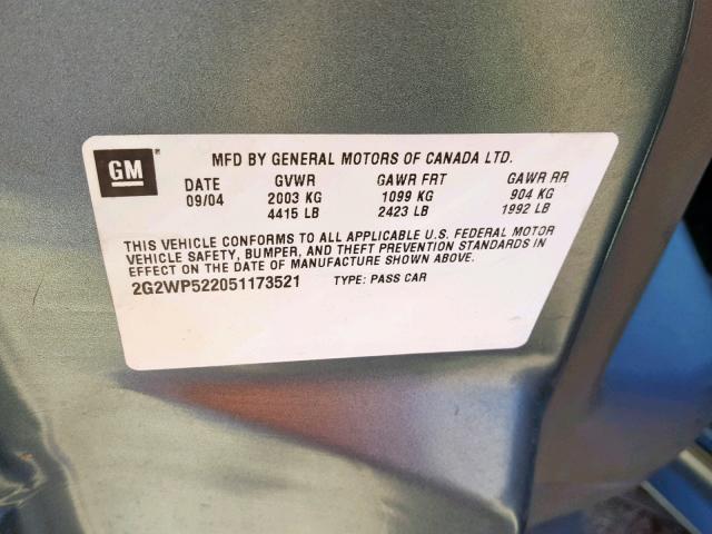 2G2WP522051173521 - 2005 PONTIAC GRAND PRIX GRAY photo 10