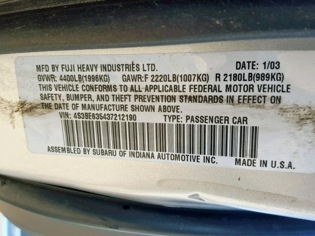 4S3BE635437212190 - 2003 SUBARU LEGACY L SILVER photo 10